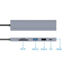Hub USB Type-C en alliage d'aluminium 6-en-1 avec charge PD 60W pour lecteur de carte SD/MicroSD/TF 1.4 pour ordinateur portable/PC (en stock)