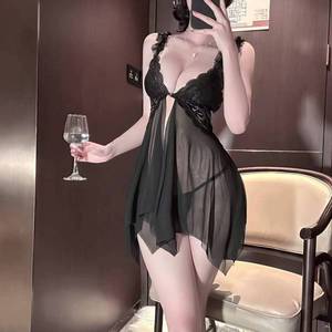 Lingerie sexy en dentelle noire, <span class=keywords><strong>nuisette</strong></span> en maille transparente à col en V avec bretelles à volants, vêtements de nuit à ouverture frontale pour femmes - Product Image 6
