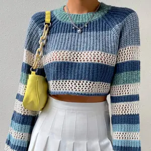 Spring/Summer Short Sweater Contrast Stripe Versatile Pullover Open Navel Women's Knitwear