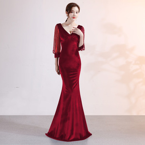 Vestido de Noche de <span class=keywords><strong>Terciopelo</strong></span> Dorado con Cadena de Cristales, Manga Larga, Cola de Pez, Sexy, para Mujer, Invierno - Product Image 2