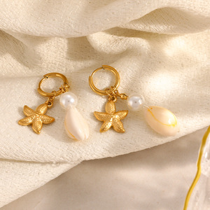 Boucles d'oreilles pendantes en forme d'étoile de mer, plaquées or 18 carats, style plage, perles, pour tous les jours - Product Image 4