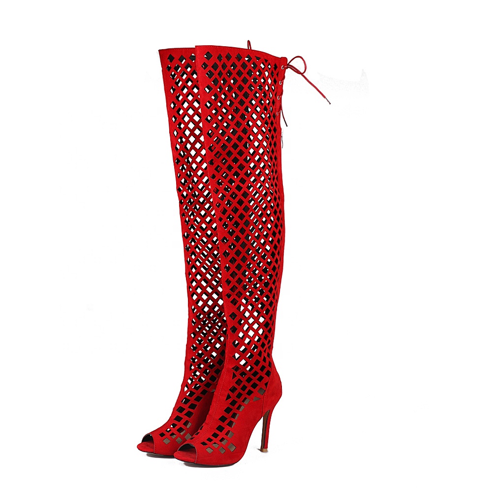 Женские сапоги выше колена с открытым носком, сандалии-гладиаторы на высоком каблуке-шпильке, на молнии, с вырезами, летняя обувь