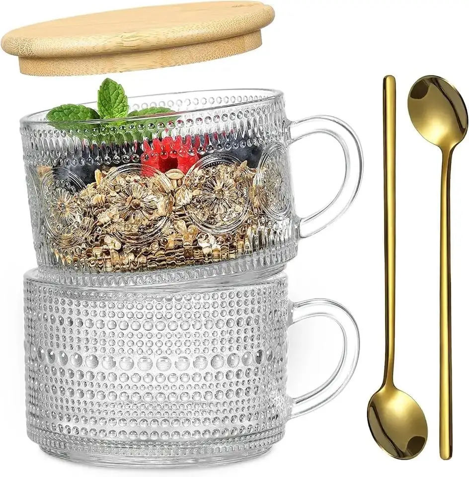 4-buah Set Vintage 14oz mug kopi kaca cetak timbul bening dengan tutup sendok Coaster Overnight oat kontainer