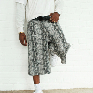 Jean Snake Skin Pattern Custom Denim Digital Print Fashion Design Wide Leg Baggy <b>3</b>/<b>4</b> <b>Shorts</b> Jean <b>3</b>/<b>4</b> <b>Shorts</b> For Men High Quality - Product Image 1