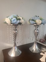 Décoration florale de table pour réception, support à fleurs en métal doré avec perles de cristal suspendues