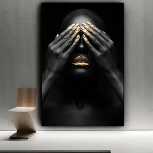 검은 색과 금색 립 누드 여성 캔버스 벽화 포스터 및 인쇄 벽 예술 그림 검은 아프리카 여성 그림