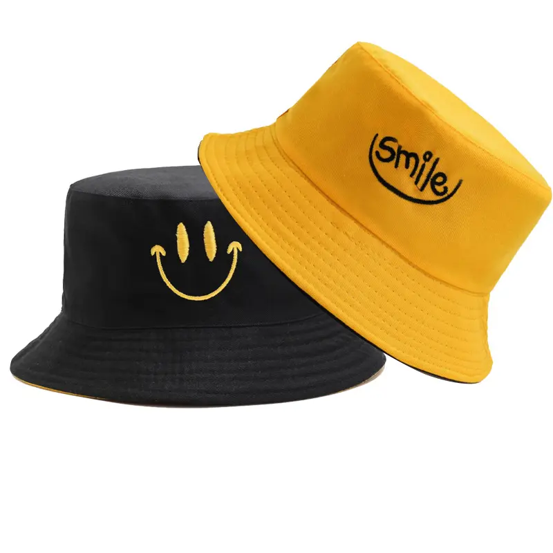 Topi nelayan pelindung UV pakaian dua sisi wanita musim panas modis kerai besar bertali topi matahari kecil tersenyum
