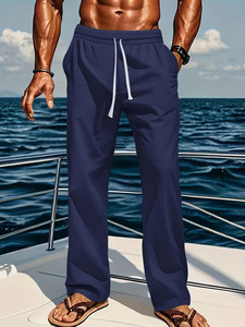 Pantaloni Casual da Uomo in <span class=keywords><strong>Lino</strong></span> e Cotone Traspiranti e Assorbenti, a Vita Media, Vestibilità Ampia e Confortevole, Nuovi Arrivi Transfrontalieri per TM - Product Image 2
