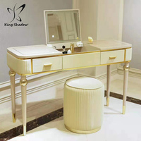 Table de maquillage de beauté avec chaise, miroir en acier inoxydable, design luxueux portable, miroir rond rose pour salon avec éclairage LED