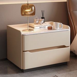 Mesita de Noche Moderna Minimalista, Color Crema, con Superficie de Plástico y 2 Cajones, Mueble para Dormitorio - Product Image 1