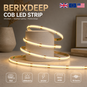 Ruban <span class=keywords><strong>LED</strong></span> COB 480 <span class=keywords><strong>LED</strong></span>/m 24V 8mm CRI 92+ sans points, dimmable, IP20 pour armoire, miroir, étagère, <span class=keywords><strong>plan</strong></span> <span class=keywords><strong>de</strong></span> <span class=keywords><strong>travail</strong></span>, meuble - Product Image 1