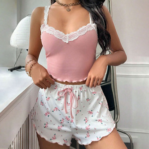 Conjunto de Top y Shorts de Encaje con Estampado al por Mayor de Fábrica, Hermoso Patrón, Ropa de Dormir, Traje Sexy para el Hogar, <span class=keywords><strong>Pijamas</strong></span> para Mujer - Product Image 4