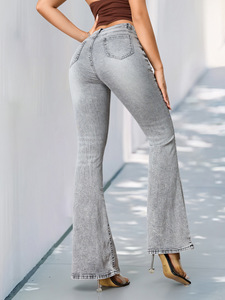 Fashion women's <b>elastic</b> micro flared <b>jeans</b> with high <b>waist</b> and comfortable gray flared pants wholesale - Product Image 4