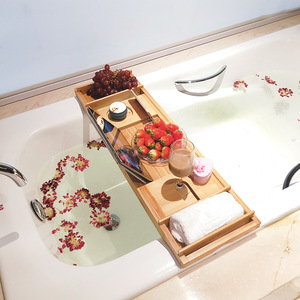 Support de baignoire en bambou extensible, support pour tablette et téléphone, rangement pour verres à vin, organisateur de salle de bain rétractable, sans perçage requis - Product Image 4