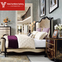 Cama Doble Británica Alexander, Cama Matrimonial Europea Tallada y Pintada a Mano con Lámina Plateada, Cama Doble de Lujo de Madera Maciza