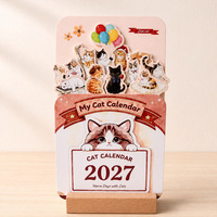 Calendrier de bureau 2027 en gros, motif chat irrégulier, base en bois, impression artistique florale, calendrier anglais, décoration de bureau à domicile, personnalisable