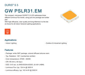 หลอดไฟ LED รุ่นใหม่ OSRAM SMD3030 ขนาด 3030 6V 200mA กำลังไฟสูงสุด 1W รุ่น GW PSLR31.EM ซีรีส์ 2700K 6500K สำหรับไฟส่องสว่างอุตสาหกรรม ไดโอดเรซิ่น - Product Image 2