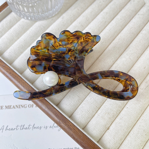 Pinza de pelo de acetato vintage de 10cm, pinza de concha de tortuga decorativa grande para mujeres y niñas con diseño de hoja de Gingko - Product Image 5