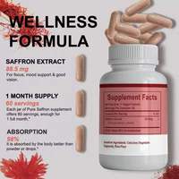 Capsules d'extrait de safran à marque privée OEM pour le bien-être, 88,5 mg, 60 unités, pour le soutien antioxydant quotidien des adultes