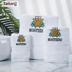 Taitang Custom Embroidery Logo White Towels Bath Set Hotel 100% Cotton Bath Towel Set