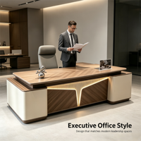 Bureau de direction moderne de luxe, grand bureau de patron avec éclairage LED pour PDG, mobilier de bureau administratif, ensemble de bureau de gestionnaire