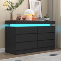 Commode minimaliste à 6 tiroirs avec prise de courant et lumière LED, noir, rangement pour chambre à coucher, pour salon