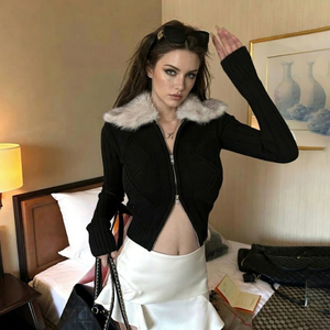 Chaqueta de Punto con Cuello de Pelo Sintético Retro, Cárdigan con Cierre, Top Corto Informal, Otoño Invierno, Nueva Llegada - Product Image 2