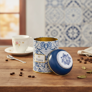 Kontensan ER0806K - Lata Decorativa de 0.6L con Diseño Azulejo Azul y Blanco, Tapa Redonda de Metal de 90mm para Café, Té y Accesorios - Product Image 3
