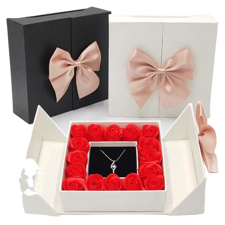 Caja de rosas para joyería de doble puerta, caja de regalo para el Día de San Valentín con pajarita para collar, colgante, anillo, pendiente, lápiz labial, caja de embalaje