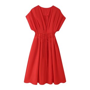 เดรสยาวแขนสั้นคอวีผูกเอวทรงพลีทสำหรับผู้หญิงแฟชั่น - Product Image 3