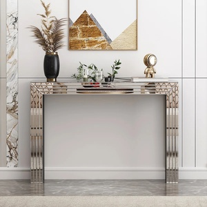 <b>Mirrored</b> Console <b>Table</b> Glass Top Modern Entryway <b>Table</b> Living Room Furniture Contemporary Design Style Leg Base - Product Image 4