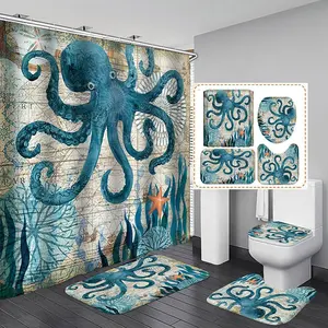 Monster laut grosir dekorasi rumah cetak 3D poliester gorden mandi gurita merah Kraken laut 4 buah