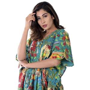 Handmade Cotton Kimono <b>Kaftan</b> One-Piece Dress Kahlo Inspired Bohemian Resort Wear Deep V Neck <b>Plus</b> <b>Size</b> Breathable - Product Image 4