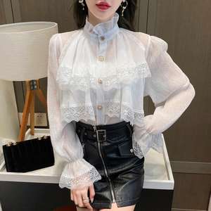 <span class=keywords><strong>Camicetta</strong></span> da donna elegante Chic <span class=keywords><strong>con</strong></span> <span class=keywords><strong>volant</strong></span> <span class=keywords><strong>con</strong></span> collo largo maniche svasate pesanti top in tessuto a maglia traspirante Patchwork di pizzo - Product Image 1