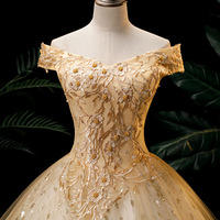 Robe de Soirée Dorée Élégante pour Quinceañera, Robe de Bal Épaules Dénudées avec Broderie Florale en Dentelle, Personnalisable