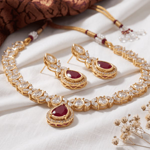 Ensemble collier et boucles d'oreilles élégants en laiton plaqué or avec moissanite américaine et gouttes rouge rubis, pour femmes, occasions spéciales - Product Image 1