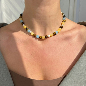 Collana con Perline in Occhio <span class=keywords><strong>di</strong></span> Tigre Naturale e Acquamarina in Acciaio Inossidabile, Nuova Collezione Autunnale, Gioielli Vintage con Gemme in Tonalità Terra - Product Image 1