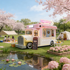Camion de restauration électrique rose avec enseigne néon et auvent à rayures rouges pour utilisation en extérieur dans les parcs - Product Image 1