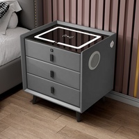 Mesa de Noche Moderna de Lujo con Diseño de Paneles de Madera y Estación de Carga, Mesita de Noche Inteligente para Dormitorio