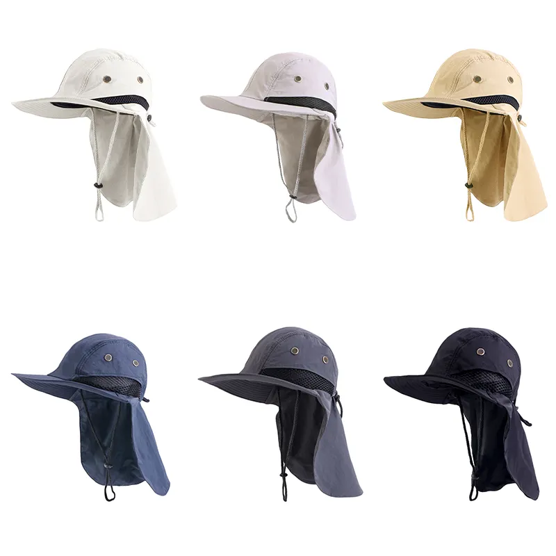 Wholesale Custom Logo Outdoor Summer NYLON POLYESTER UPF50+ Sun Bucket Wide Brim Mesh Fishing Hat With Neck Flap For Women Men