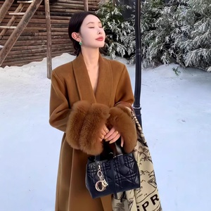 OUDINA inverno polsini in pelliccia di volpe rimovibile con risvolto doppio lato <span class=keywords><strong>lungo</strong></span> <span class=keywords><strong>lungo</strong></span> <span class=keywords><strong>Trench</strong></span> cappotto di lana da donna - Product Image 4