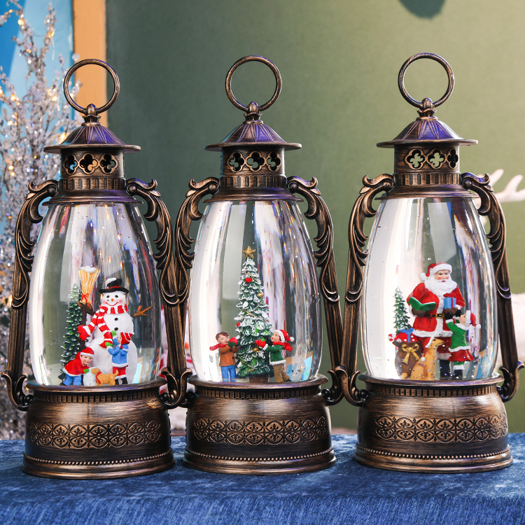 Weijiule New Water Resin LED Lighted Musical Holiday Gift Christmas Lantern with Snow Glitter 12.5x12.5x30cm