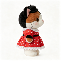 Peluche chat calico mignon, poupée chat en peluche kawaii avec mini chapeau noir, robe à pois rouges et dentelle, en coton PP doux