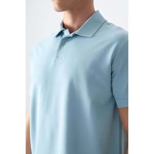 T-shirt basique pour homme en coton bleu clair, épais, doux, texturé, col polo, coupe ample - 88381 - Bleu clair - Product Image 3