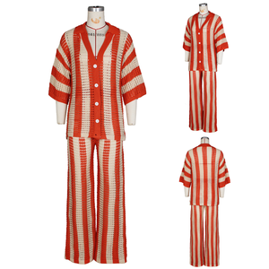 J0318 2026 Ensemble deux pièces tendance pour femme : Haut tricoté rayé à col et découpes en V et pantalon large – Ensemble <span class=keywords><strong>2</strong></span> pièces pour femme - Product Image 5