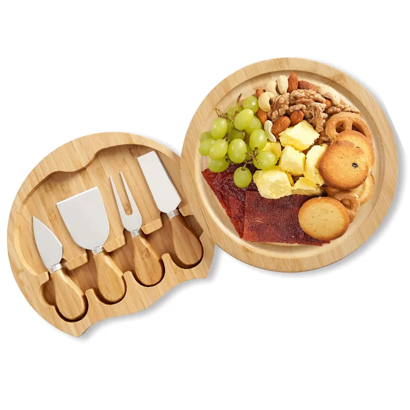 Wholesale Custom Logo Butter Stainless Steel Knife Cheese Tools Round Wooden Bamboo Cheese Board and Knife Set