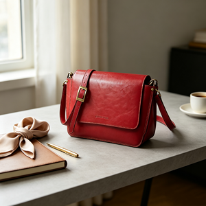 Ladies Retro Leather‑Like Flap Shoulder Bag Red Solid Color Back <b>Zip</b> Pocket Adjustable Strap Daily Crossbody <b>Purse</b> - Product Image 2