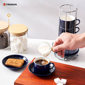 Tazas de Espresso de Cerámica Personalizadas con Platos, Tazas de Capuchino Apilables de 5 oz con Soporte Metálico para Café, Latte y Té, Juego de 4 - Product Image 6