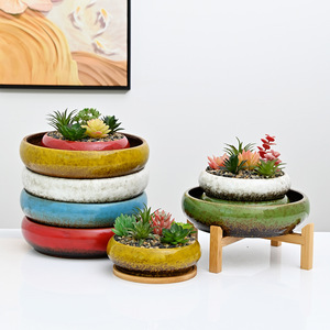 Pots en céramique créatifs et colorés à glaçure changeante avec plateau en bambou pour la décoration intérieure de bureau - Product Image 1