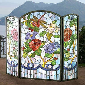 Customized Stained Glass Room Divider 3 Panels Floral Pattern Red Roses Blue Background Freestanding Decorative <b>Screen</b> - Product Image 4